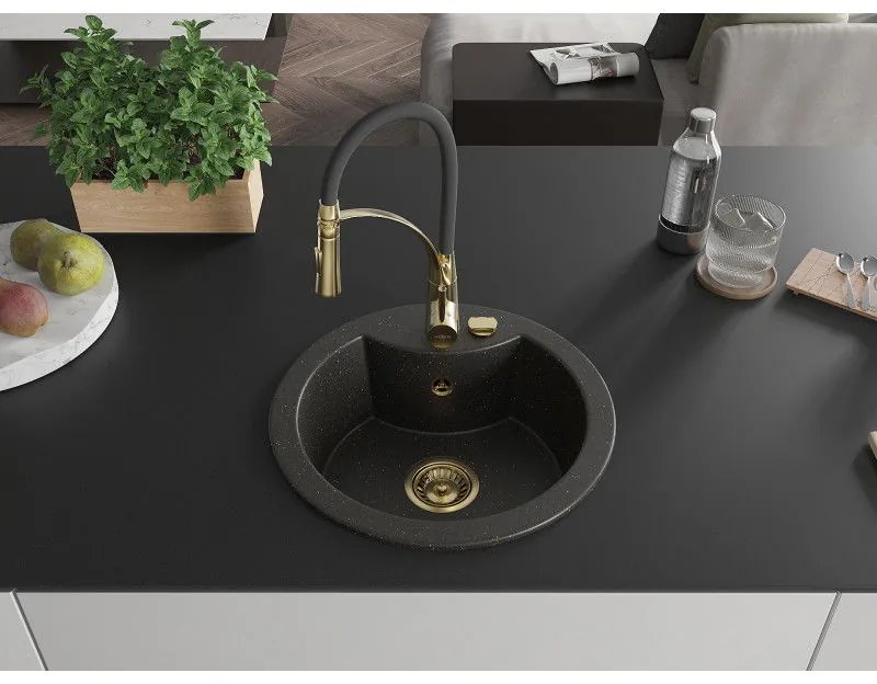 Mexen Diego, 1-komorový granitový drez 488x488x167 mm a drezová batéria Aster, čierna-zlatá metalíza, 6512-75-73450-57-G