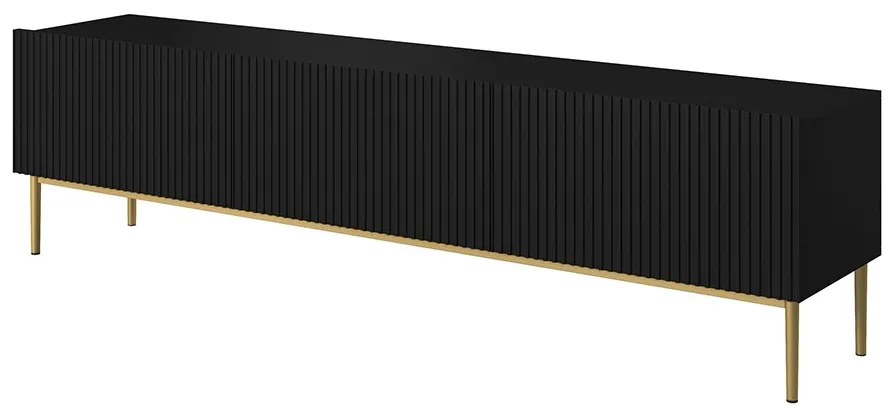 TV stolík Nicole 200 cm na metalových nožičkách so zásuvkou - čierny mat / zlaté nožičky