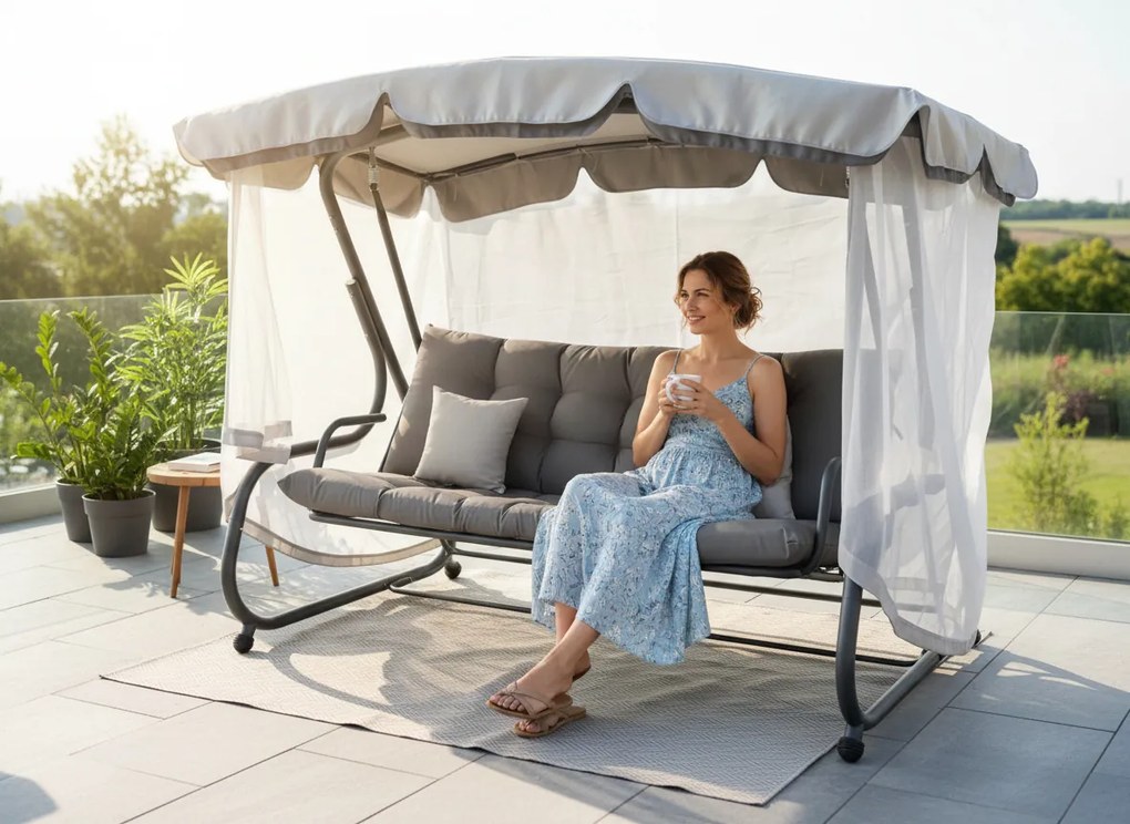 CH ZÁHRADNÁ HOJDAČKA S MOSKYTIÉROU 220 x 130 x 175 CM ŠEDÁ S FUNKCIOU LEŽANÍKA