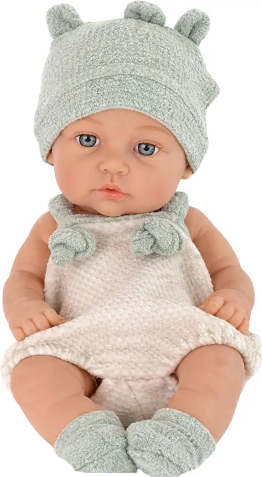 LEAN Toys Bábika bábätko v sivom oblečení, čiapka a slintáčik 18 cm