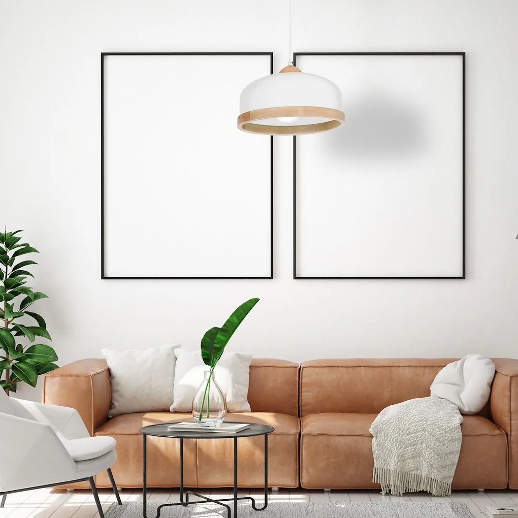 Závesné svietidlo Studio, 1x drevené/biele kovové tienidlo, (fi 32cm), w/br