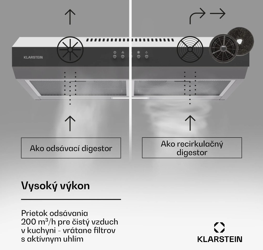 Klarstein Contempo 60, digestor, 60 cm, podskrinkový, 200 m³/h, LED, akryl, nehrdzavejúca oceľ