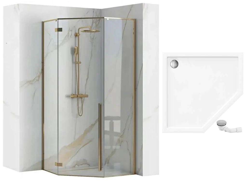 Rea Diamond, sprchovací kút 90x90 cm + čierna sprchová vanička, zlatá lesklá, KPL-14904