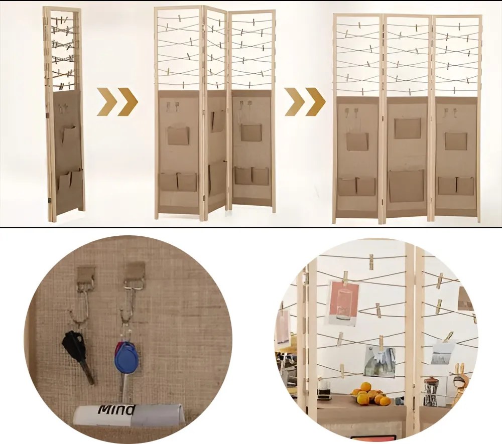 3-panelový paraván s 8 úložnými vreckami a 4 háčikmi, prírodný