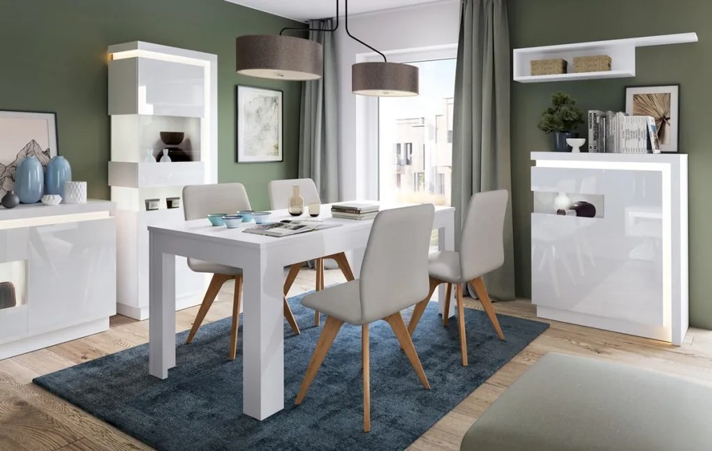 Komoda s prosklením Lyon, biela lesk, s osvetlením