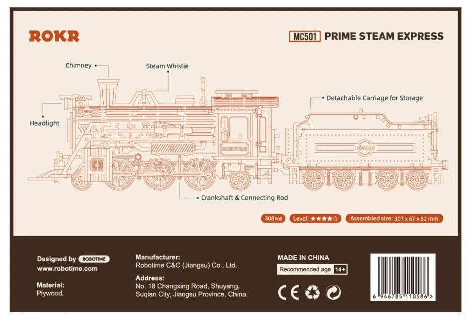 Robotime 3D drevené puzzle Parní lokomotiva Prime Steam Express 1:80 308 ks