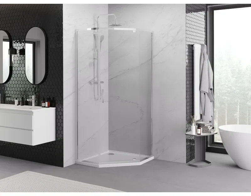 Mexen Exo, päťuholníkový sprchový kút s výklopnými dverami 90 x 90 cm, 6mm číre sklo, chrómový profil, 812-090-090-01-00