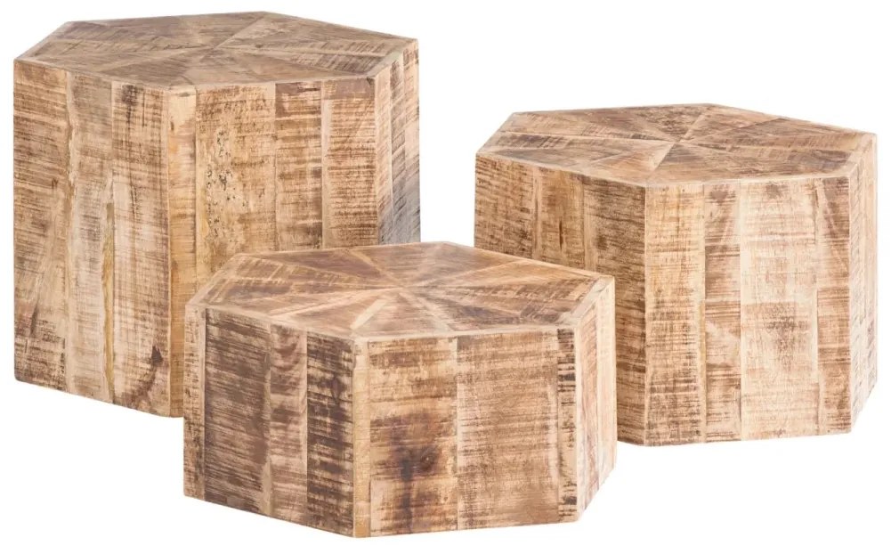 furniture-nabytek.cz - Sada 3 masívnych konferenčných stolíkov Caribou Mango, lakovaných, prírodných, šesťhranných