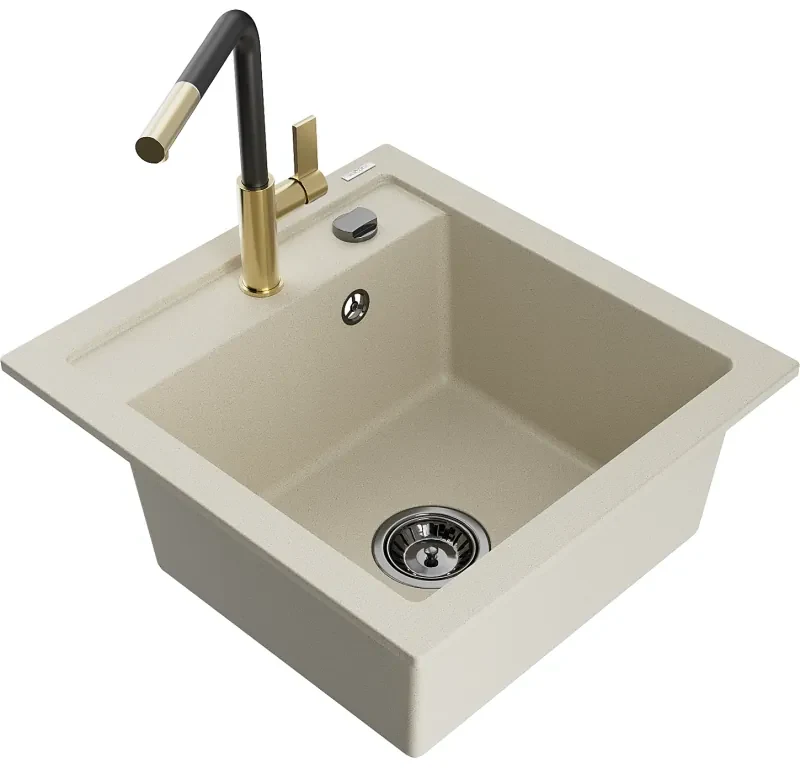 Mexen Vito, 1-komorový granitový drez 490x520x210 mm a drezová batéria Flora, béžová, 6503-69-670401-57-B