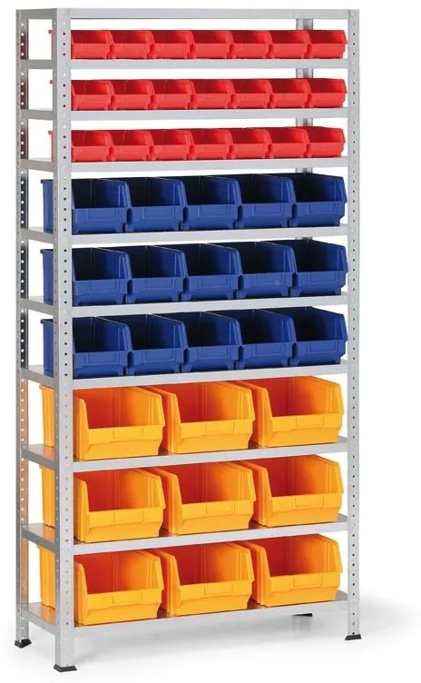 Regál s plastovými boxmi BASIC, 1730 x 850 x 300 mm, 21x box A + 15x box B + 9x box C