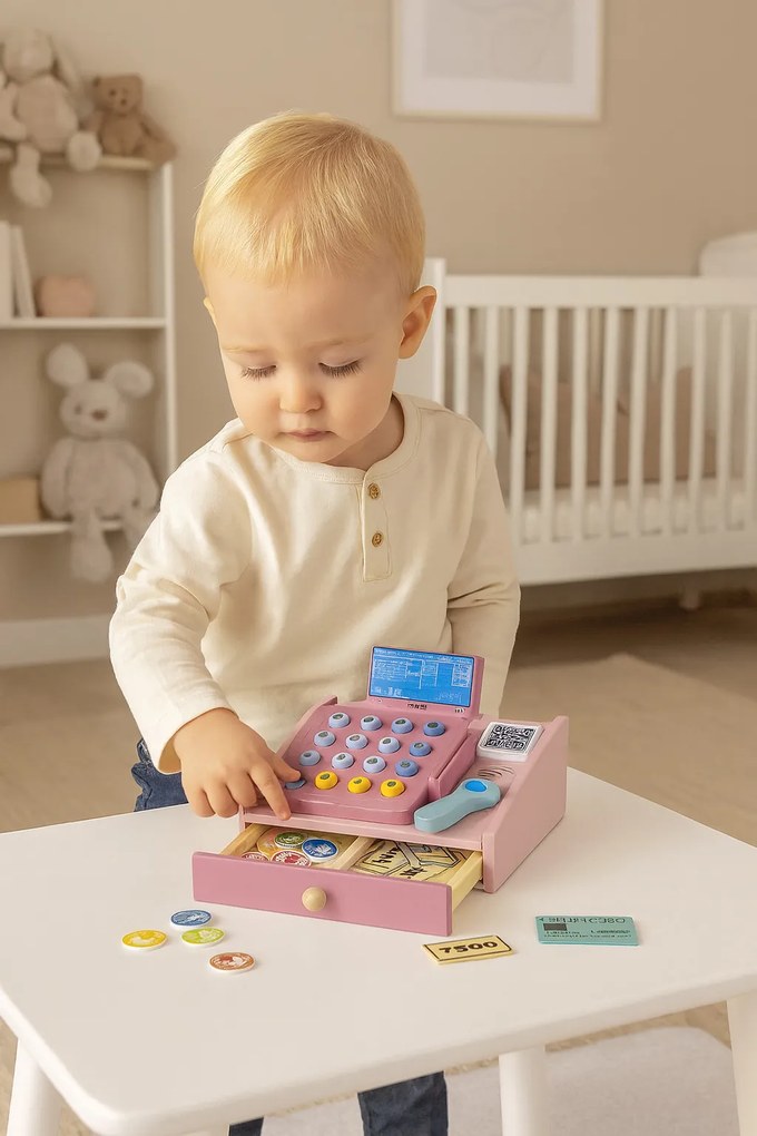 MULTISTORE Drevená detská pokladňa so skenerom a kartou