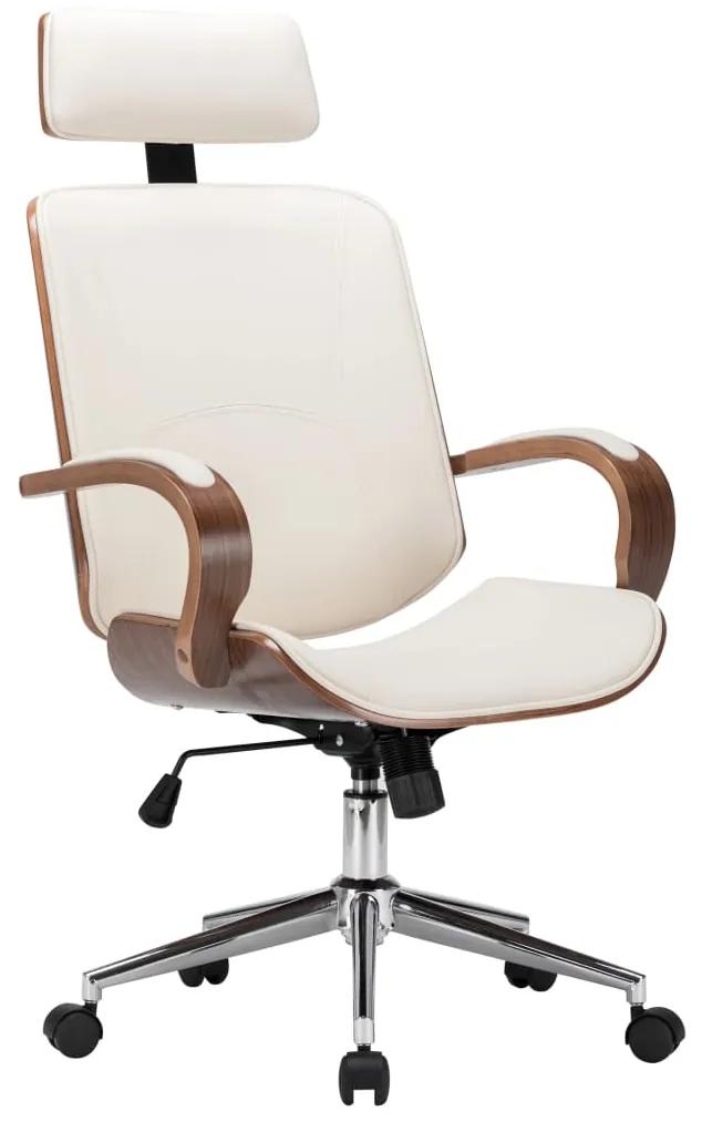 vidaXL Otočná kancelárska stolička s opierkou hlavy krémová umelá koža a ohýbané drevo