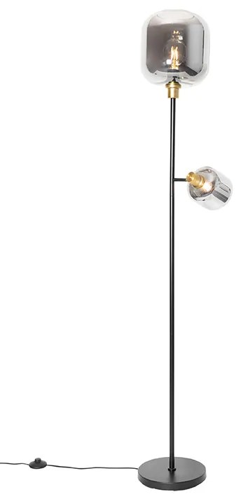 Stojaca lampa čierna so zlatom s dymovým sklom 2-svetlo - Zuzanna