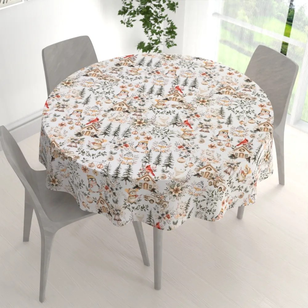 Biante Bavlnený okrúhly obrus Sandra SA-709 Zimná rozprávka zeleno-hnedá na bielom Ø 140 cm