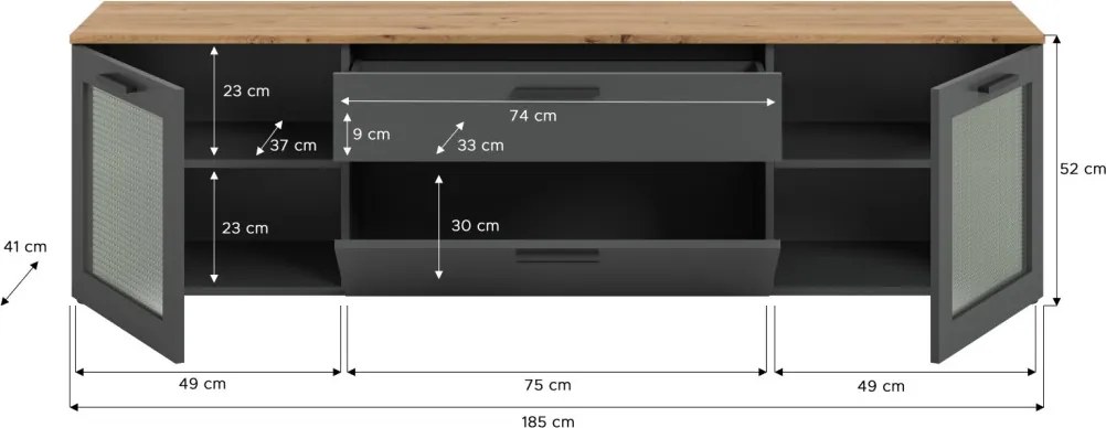 Široká TV skrinka Niklas, 185 cm, šedá/dub artisan