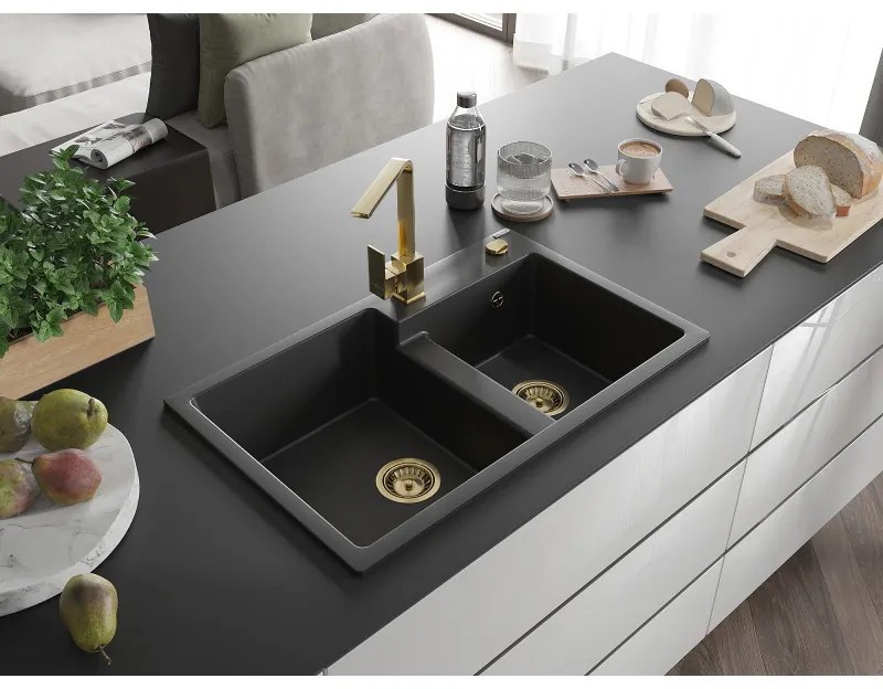 Mexen Tomas, granitový drez 800x500x190 mm, 2-komorový a zlatá batéria Rita, čierna, 6516-77-670300-50