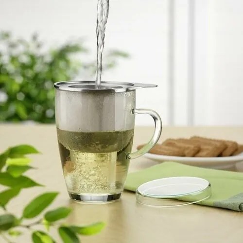 Simax 179 sklenený hrnček so sitkom a viečkom Tea for one 0,35 l