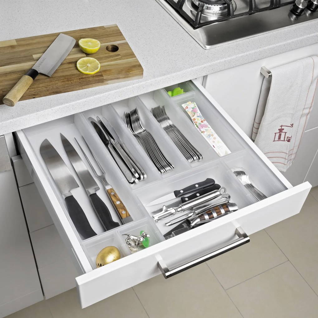 Organizér do šuplíku kuchyně i koupelny, příborník Rotho BASIC, mléčná (23x8)