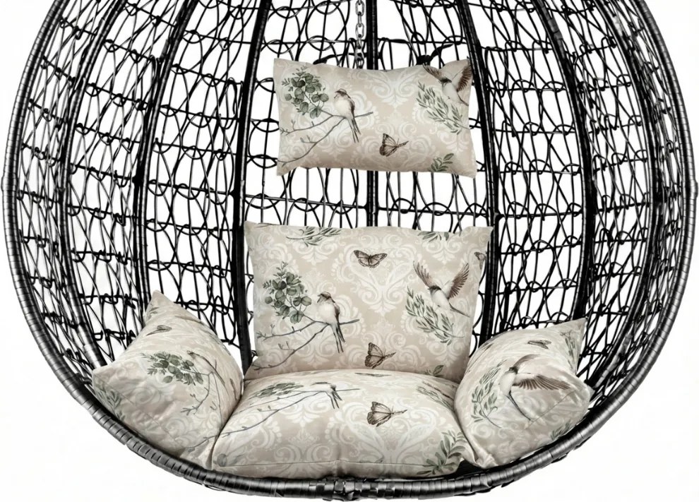 Čierne závesné kreslo KOKON so stojanom, béžový vankúš