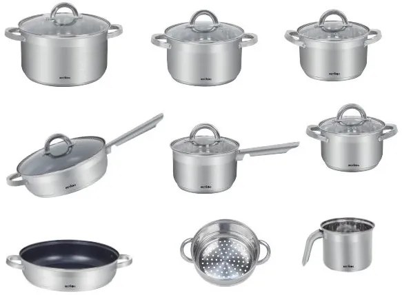 MEGAKOMBO Multifunkčný kuchynský robot BestBerg BBR-1900S + 15dielna sada nerezových hrncov a nepriľnavých panvíc BestBerg BBSC-15 / strieborná