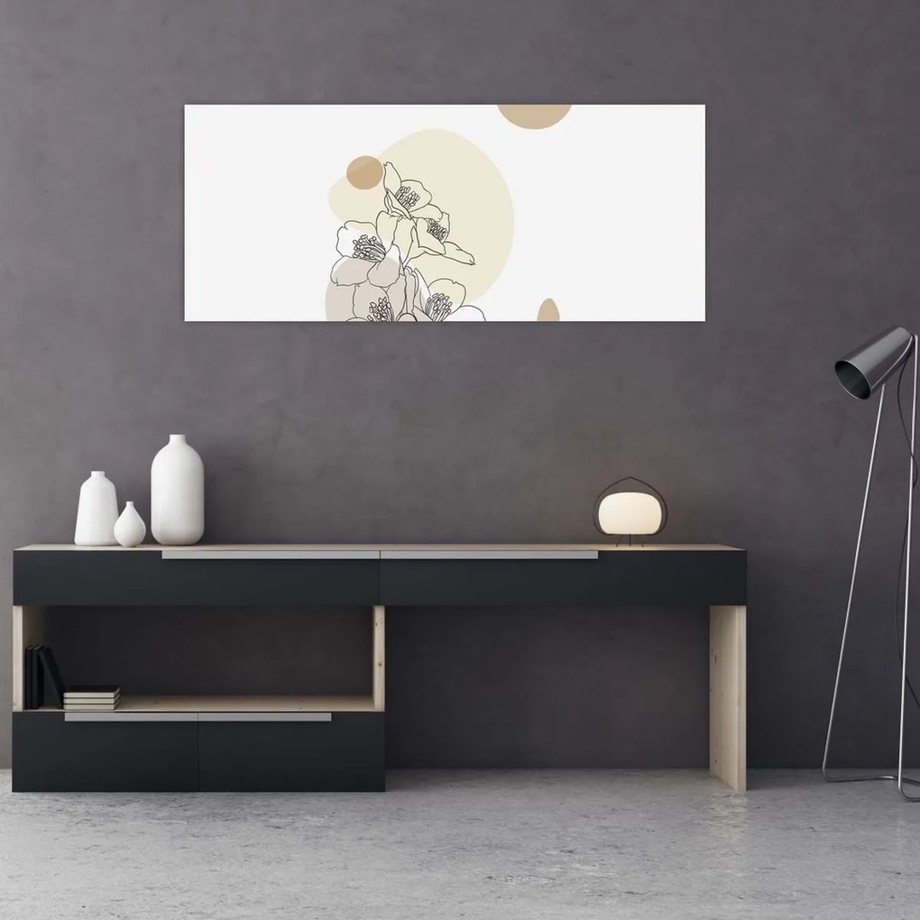 Obraz - Béžové kvety s motýľom N⁰4 (120x50 cm)