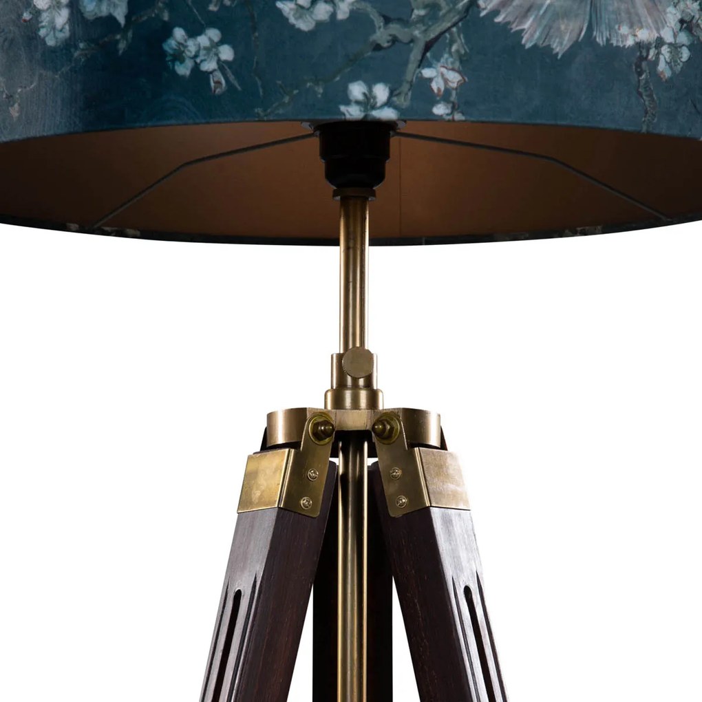 Mosadzná stojaca lampa na trojnožke s plyšovým tienidlom s motívom rýb 50 cm - Cortin
