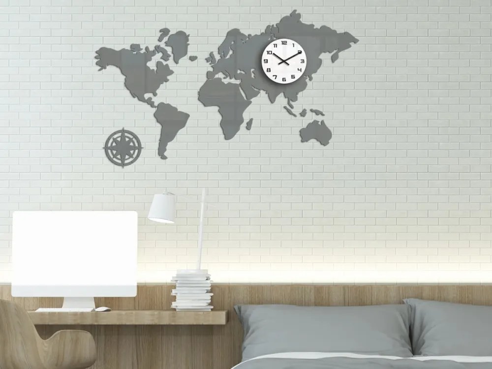 3D nalepovacie hodiny Mapa sveta sivé