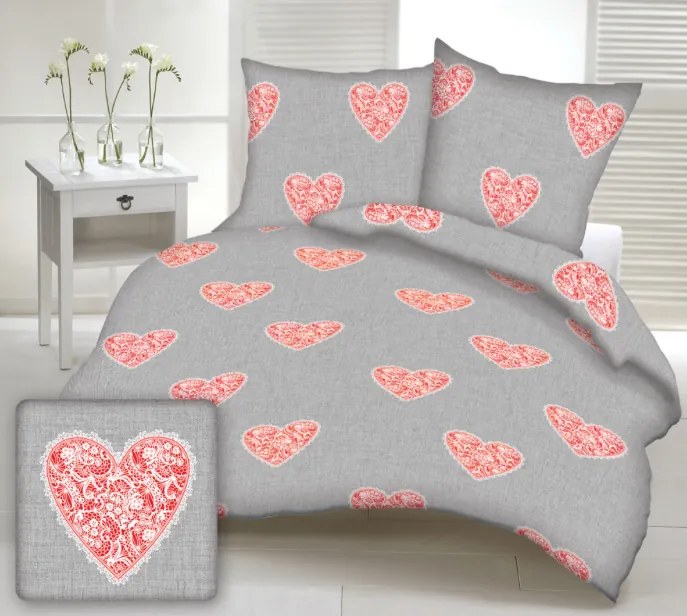Obliečky bavlnené Love červené - 1x Vankúš 90x70cm, 1x Paplón 140x220cm