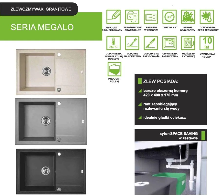 Laveo Megalo, 1-komorový granitový drez 780x500x185 mm + drezová batéria, čierna, LAV-SBEA711T