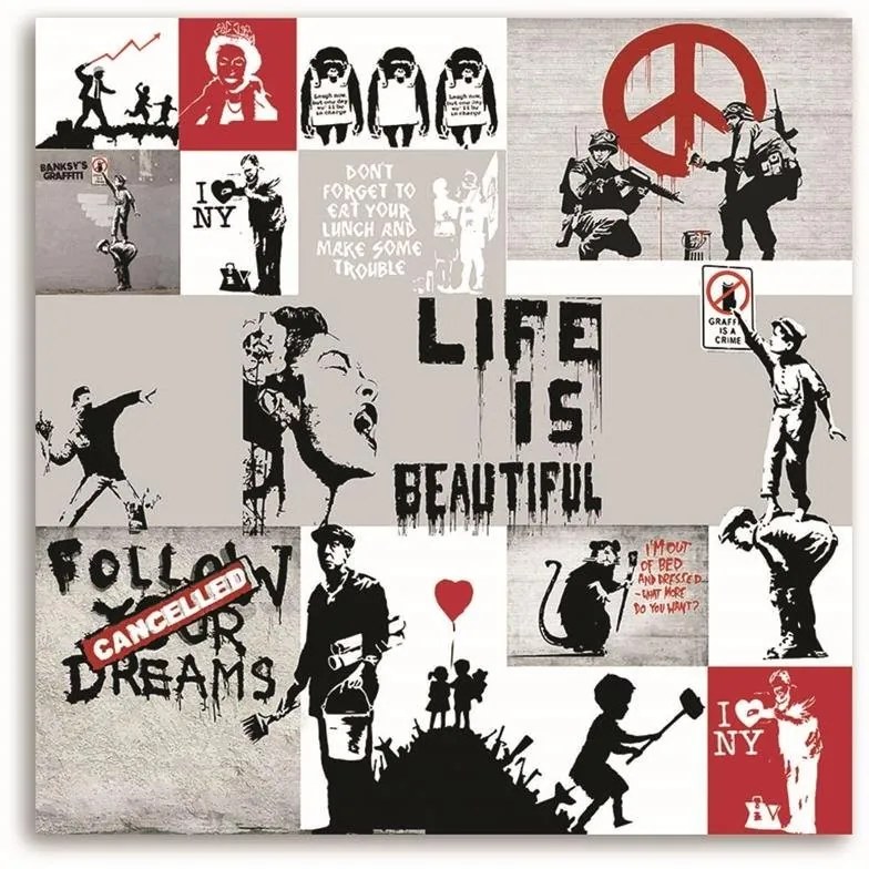 Gario Obraz na plátne Banksy mural - koláž diel streetartového umelca Rozmery: 50 x 50 cm