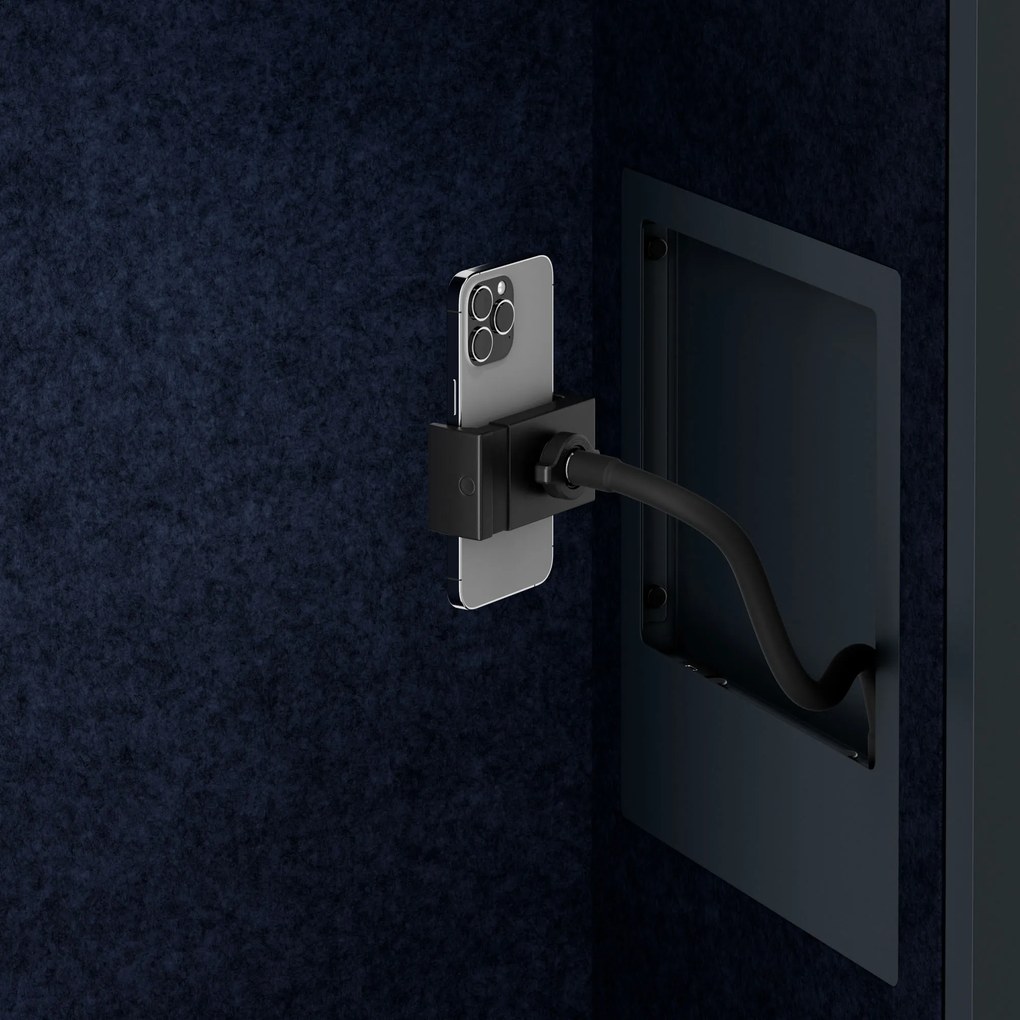 Kancelárska akustická kabína so sedadlom a portom USB-C, telo v antracitovej farbe / sedadlo v tmavomodrá farbe, 1150 mm: SALLY MentalBox