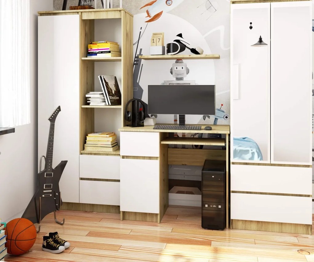 Písací stôl PIKSEL 90 cm dub artisan/biely ľavý