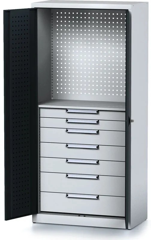 Policová dielenská skriňa 2-dverová MECHANIC, 1 polica, 7 zásuviek, 920 x 500 x 1950 mm, antracitové dvere