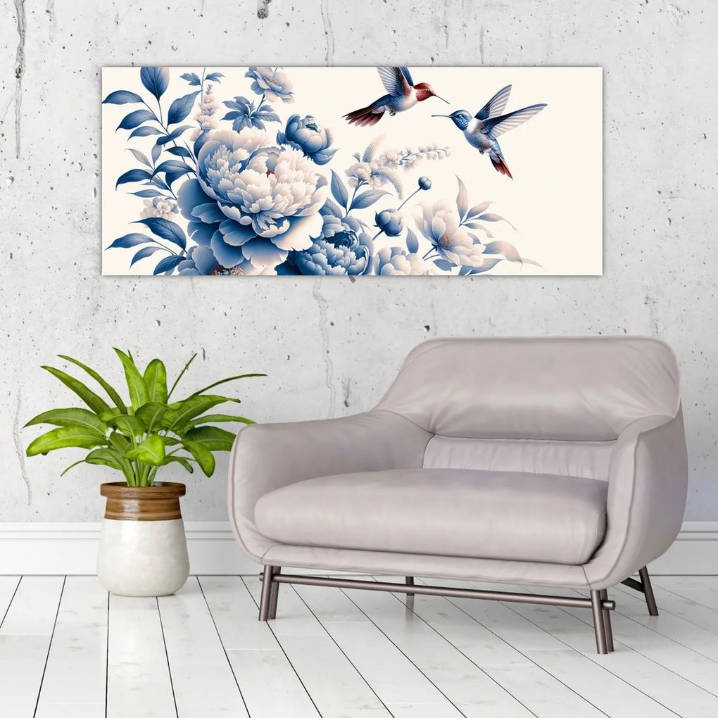 Obraz - Kolibríky nad kvetinou (120x50 cm)