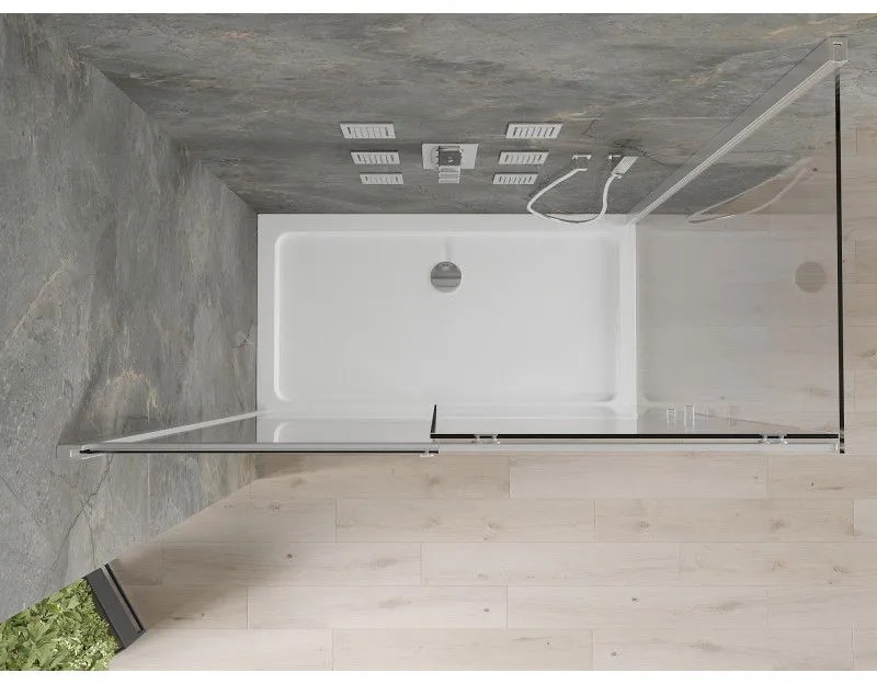 Mexen Omega, sprchovací kút s posuvnými dverami 140 (dvere) x 70 (stena) cm, 8mm číre sklo, chrómový profil + slim sprchová vanička 5cm, 825-140-070-01-00-4010