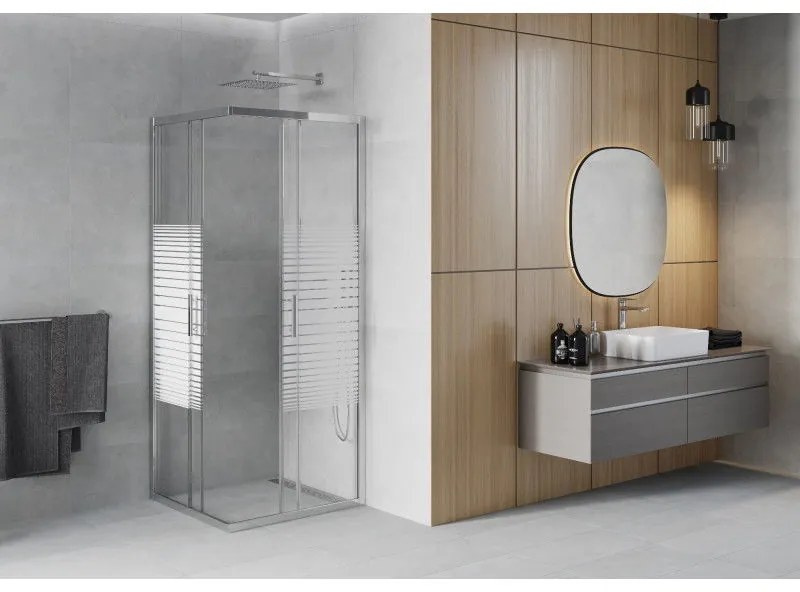 Mexen Rio, štvorcový sprchovací kút s posuvnými dverami 90(dvere) x 90(dvere) x 190 cm, 6mm číre sklo s pásikmi, chrómový profil, 860-090-090-01-20