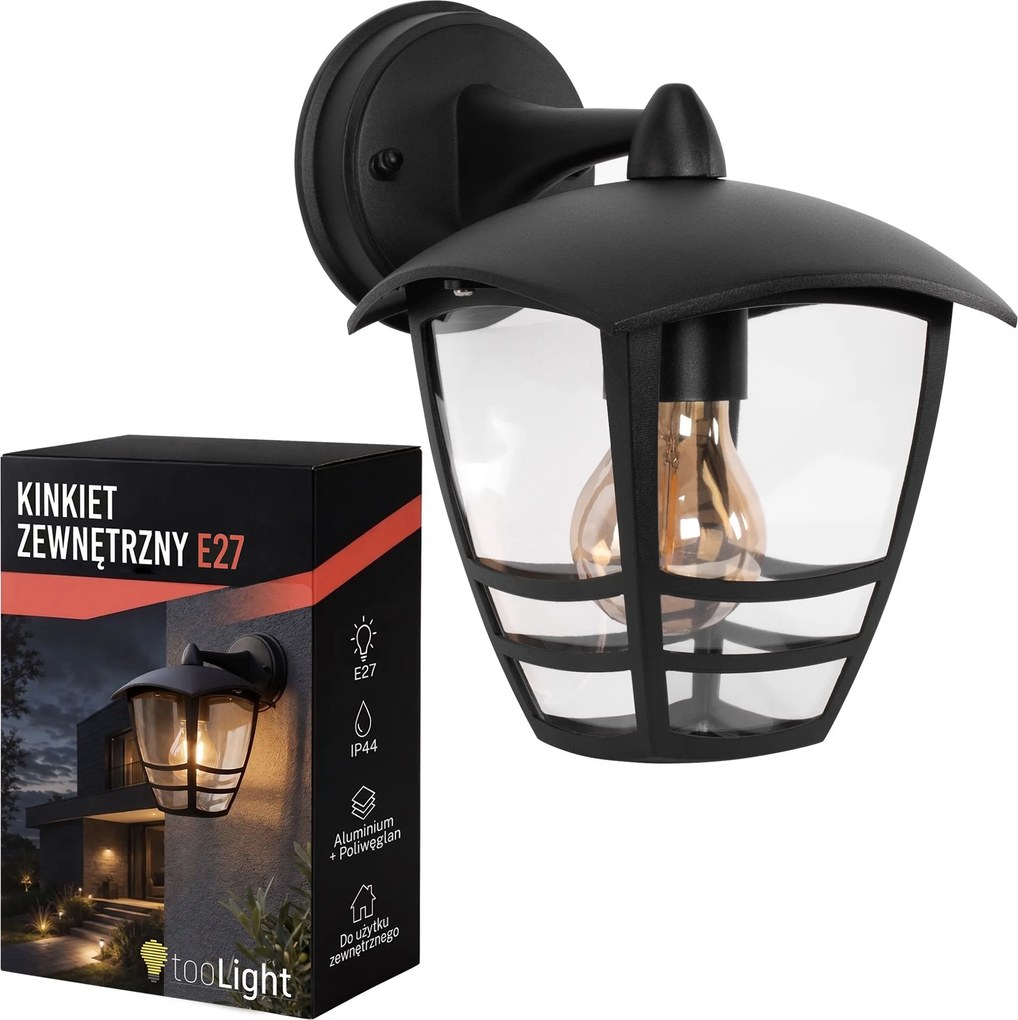 Toolight Toolight, JNH037-1G, vonkajšie nástenné svietidlo v tvare lampáša, 1×E27, IP44, čierna matná, OSW-56223
