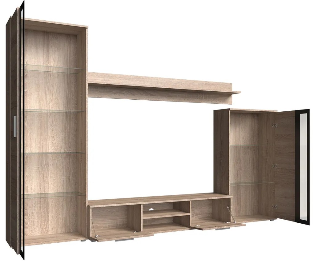 Obývacia stena Osaka, Osvetlenie: osvetlenie LED biele, Farby: country oak grey + čierna