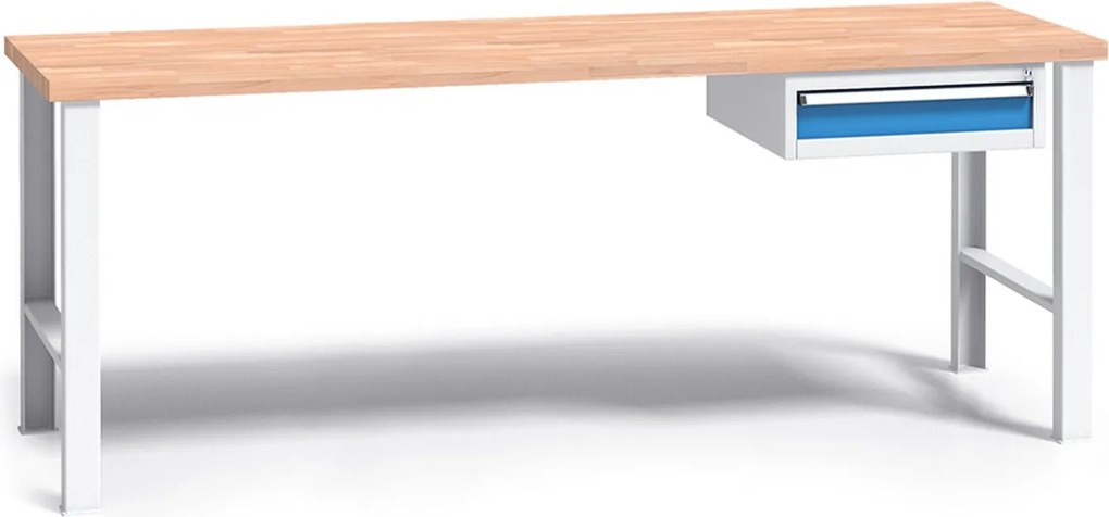 Pracovný stôl do dielne G3 so závesným boxom na náradie, buková škárovka, 1 zásuvka, pevné kovové nohy, 2000 mm, modrá