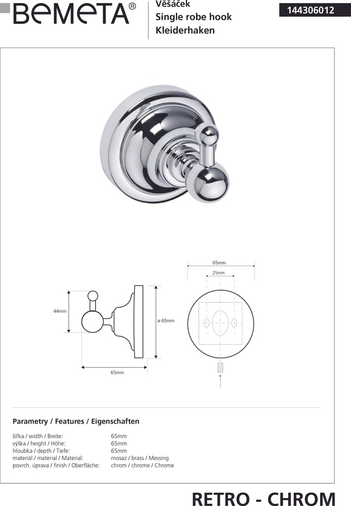 Bemeta Design RETRO chróm: Háčik - 144306012