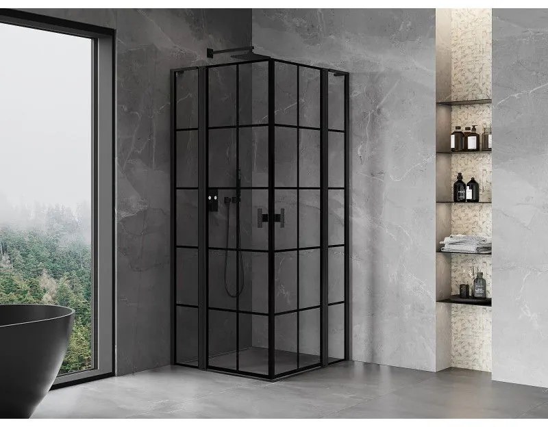 Mexen, Mexen Mist L Duo výklopný sprchový kút 105 x 105 cm, čierna mriežka - 8A4L-105L-105P-70-77