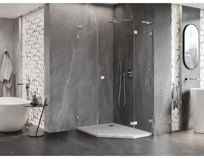 Mexen Lunar, L pravý výklopný päťuholníkový sprchový kút 80 x 100 cm, 8mm číre sklo, chrómový profil, 831L-080P-100L-01-00-P