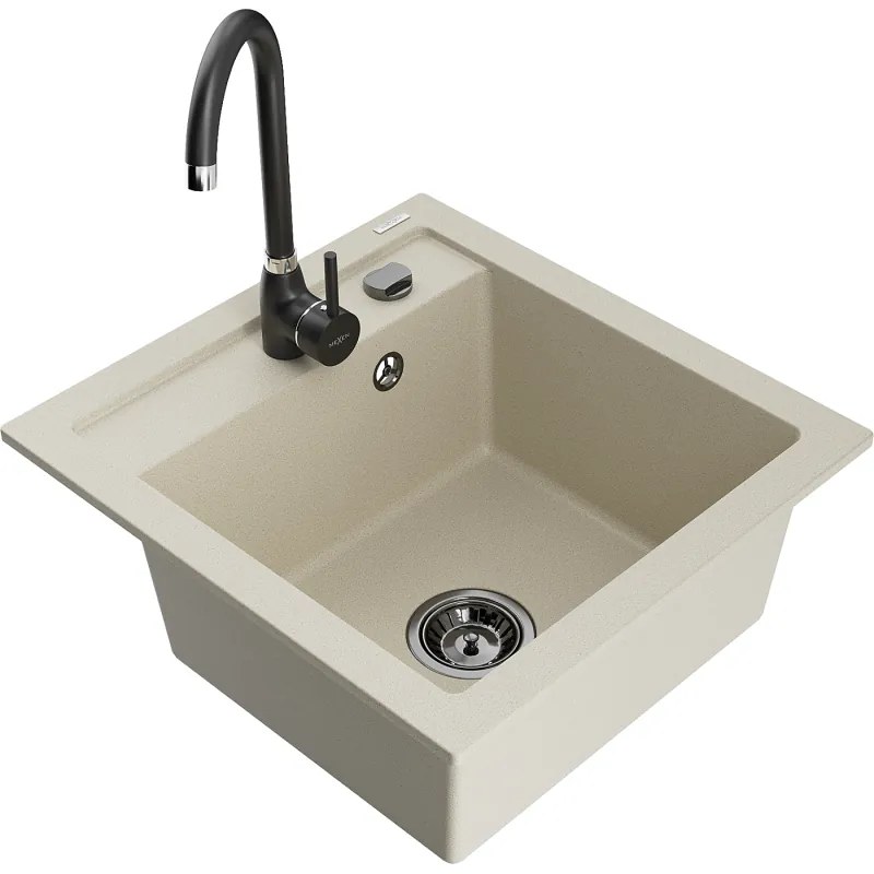 Mexen Vito, 1-komorový granitový drez 520x490x210 mm, čierna batéria Telma, béžová, 6503-69-670200-70