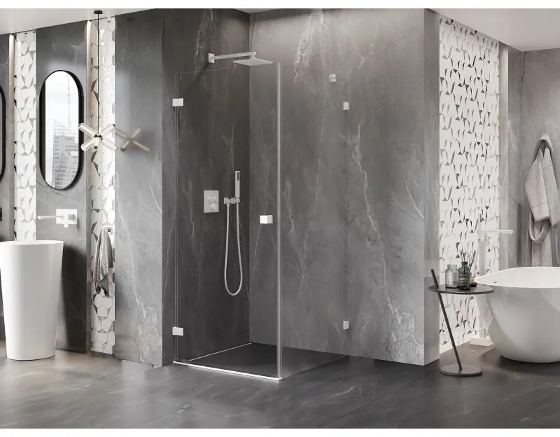 Mexen Lunar-B, výklopný sprchový kút ľavý 90 x 90 cm, 8mm číre sklo, biely profil, 832-090-090-20-00-L
