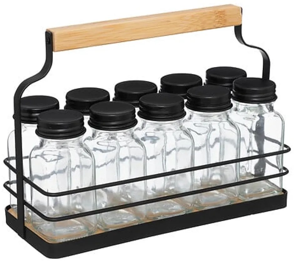 5Five® Košík s 10 hranatými koreničkami, čierne viečka, kov, drevo 22 x 9 x 16 cm