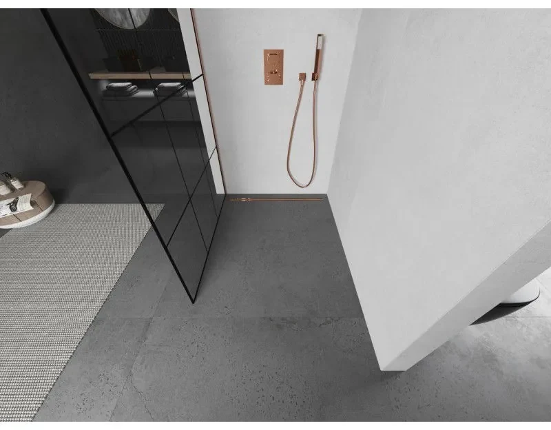 Mexen Kioto L, sprchová zástena Walk-In 120 x 200 cm, 8mm číre sklo čierny vzor, medený matný profil, 800-120-103-65-77