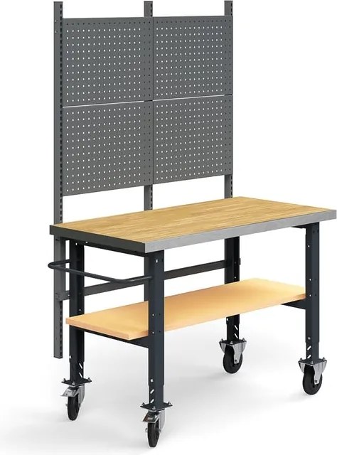 Mobilný dielenský stôl TRUST, panel na náradie, spodná polica, 1500x760 mm, povrch z dubového dreva