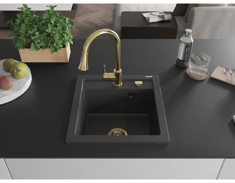Mexen Vito, 1-komorový granitový drez 490x520x210 mm a drezová batéria Elia, čierna škvrnitá, 6503-76-670101-50