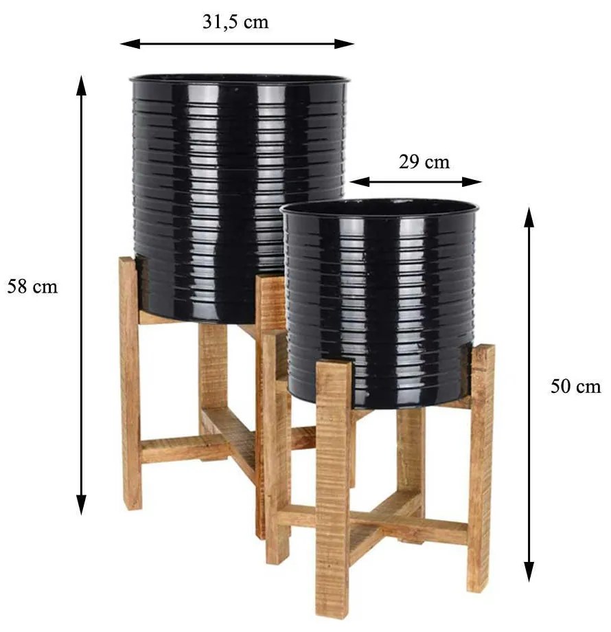 KOVOVÝ KVETINÁČ SO STOJANOM TIN SADA 2KS 58X31,5 CM+50X29 CM ČIERNA