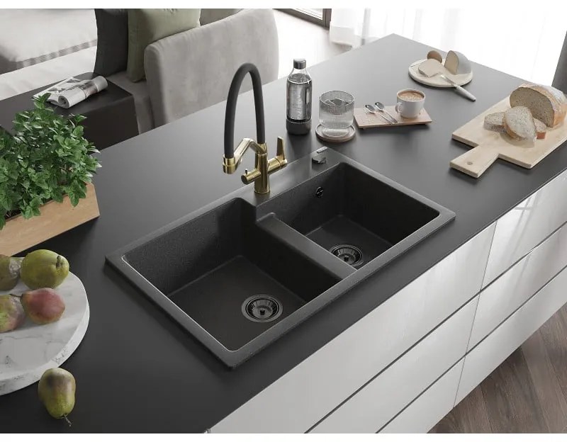 Mexen Tomas, 2-komorový granitový drez 800x500x190 mm a kuchynská batéria Duo, čierna škvrnitá, 6516-76-671701-57-B